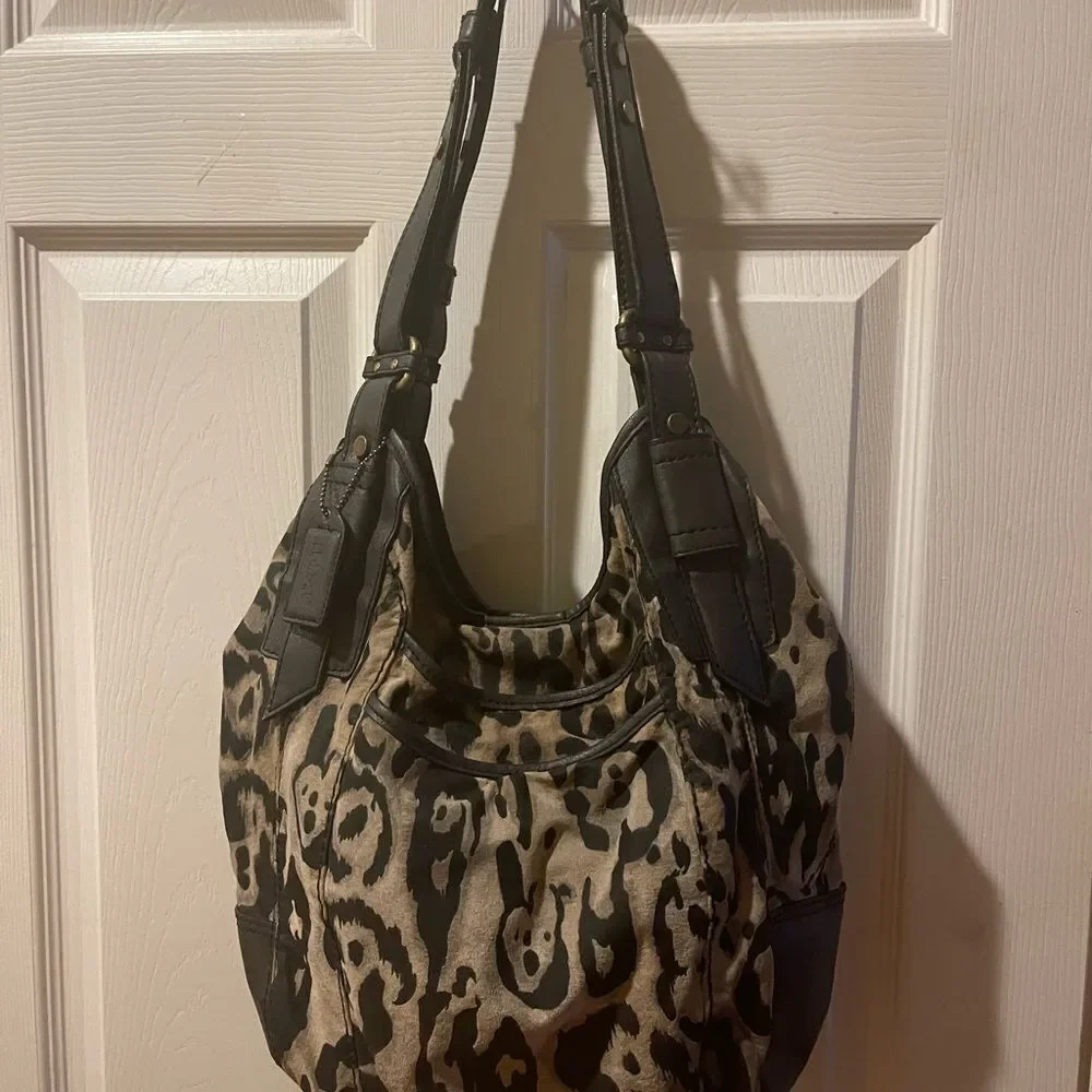 a.n.a Leopard Print 100%Pig skin dark gray faux leather trim hobo Bag